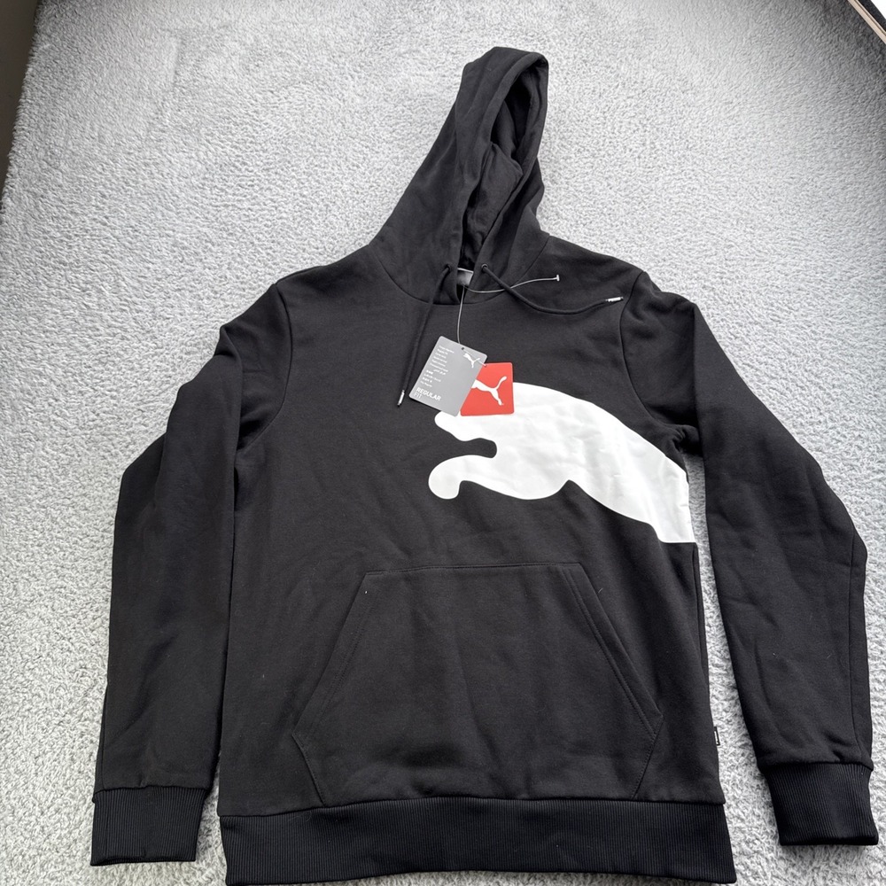 Puma Hoodie Mens Small Black White Big Cat Logo Pullover Sweatshirt 580565 01
